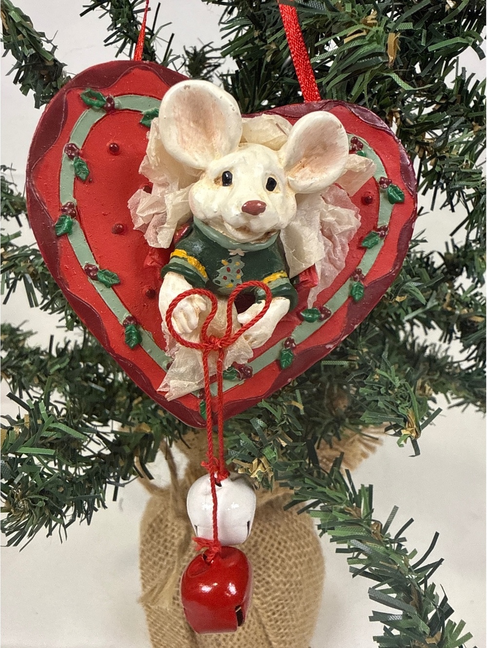 Vintage Heart Shaped Christmas Ornament with Mouse Figurine and Bells